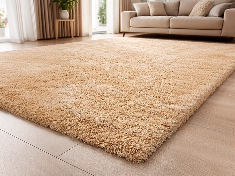 Мягкий ворсовый ковер песочного цвета на полу в интерьере гостиной перед журнальным столиком и диваном