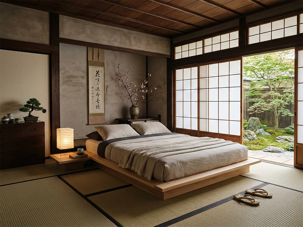 Минималистичная деревянная кровать на напольном татами около традиционных раздвижных дверей в сад.