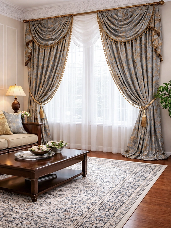 Бежевые шторы и ковер с орнаментом в комнате