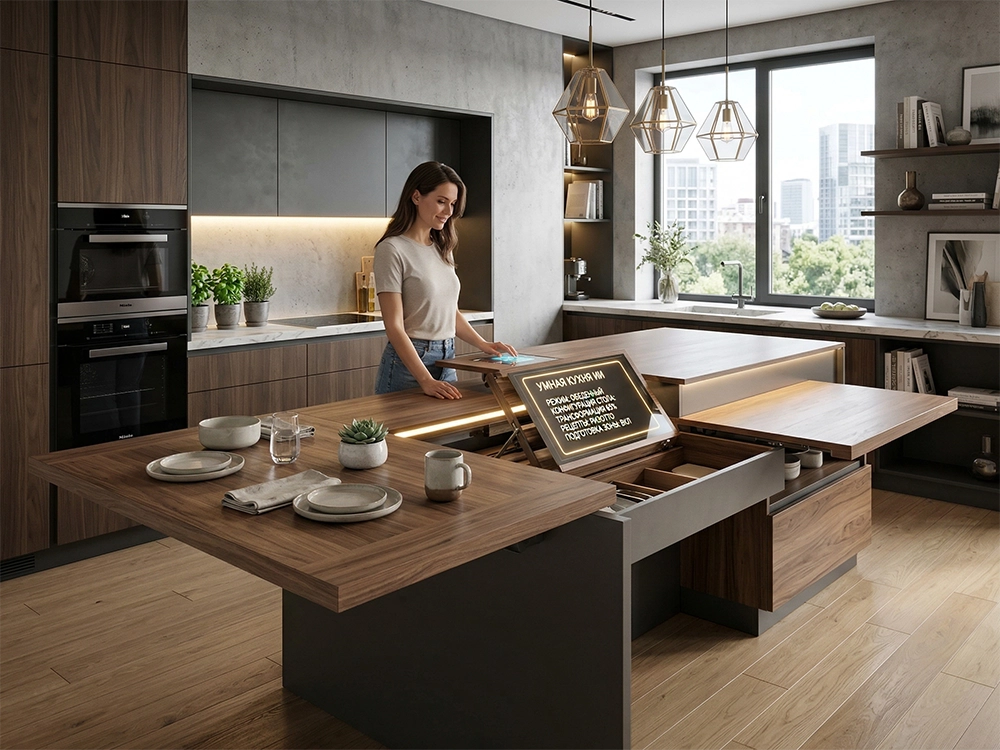 Женщина управляет выдвижным сенсорным экраном многофункционального кухонного острова в светлом интерьере.