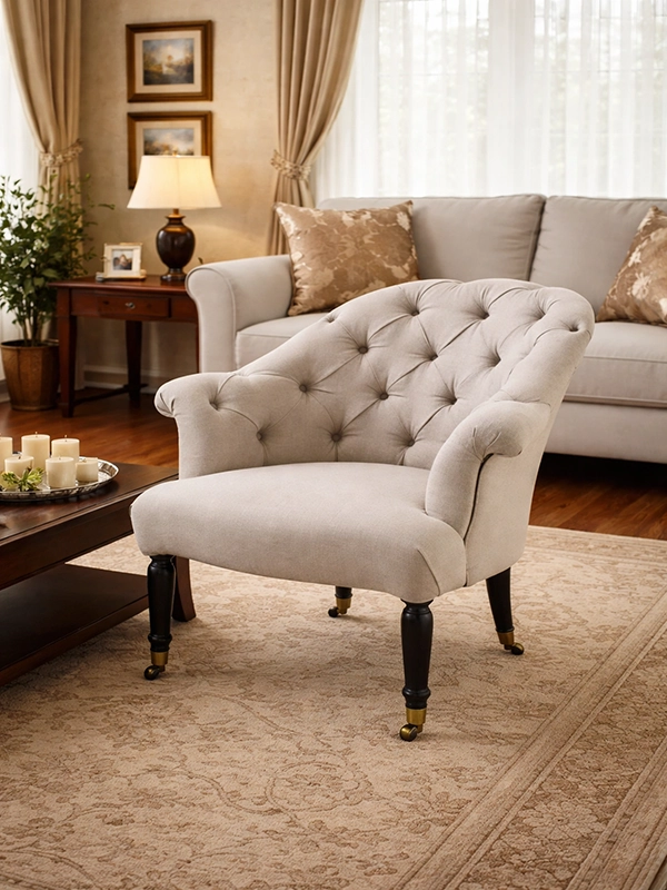 Светлое мягкое кресло с тканевой обивкой в комнате