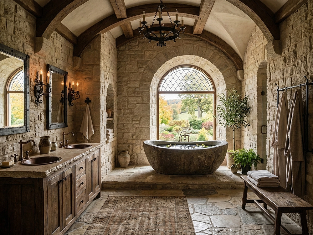 Ванная комната с каменными стенами, каменной ванной, арочным окном и тумбой