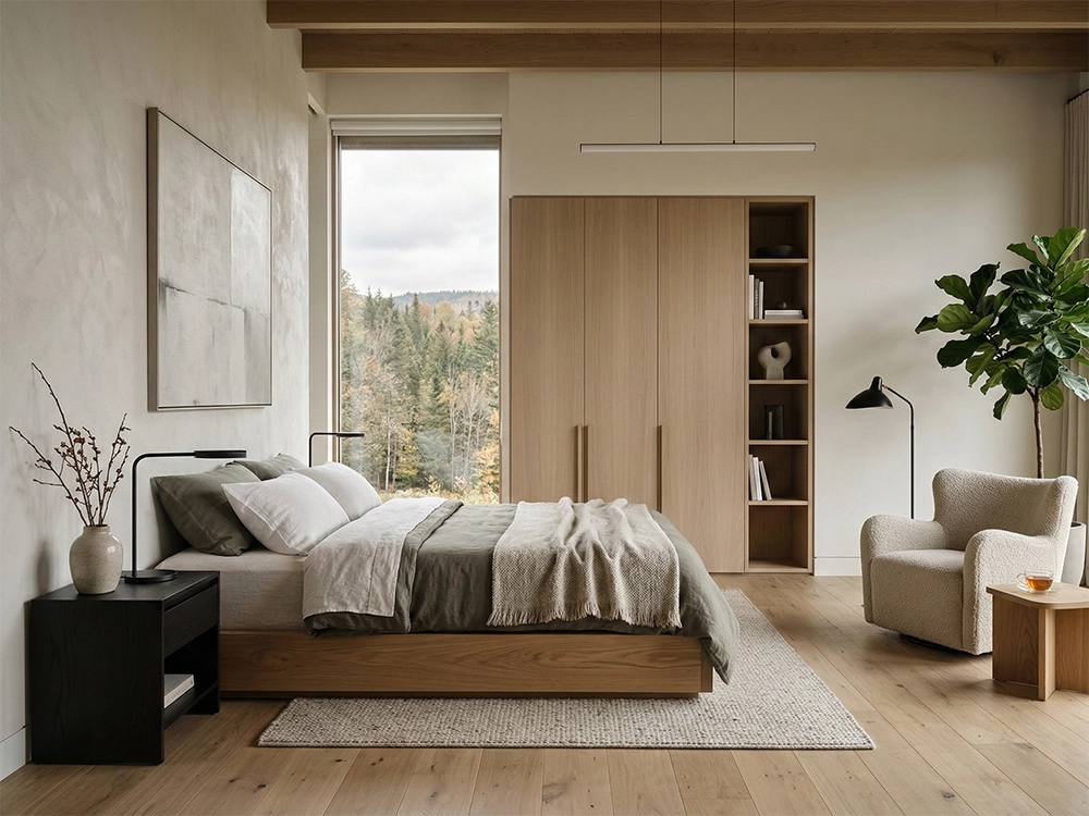 Спальня с деревянной кроватью шкафом креслом и окном на лес