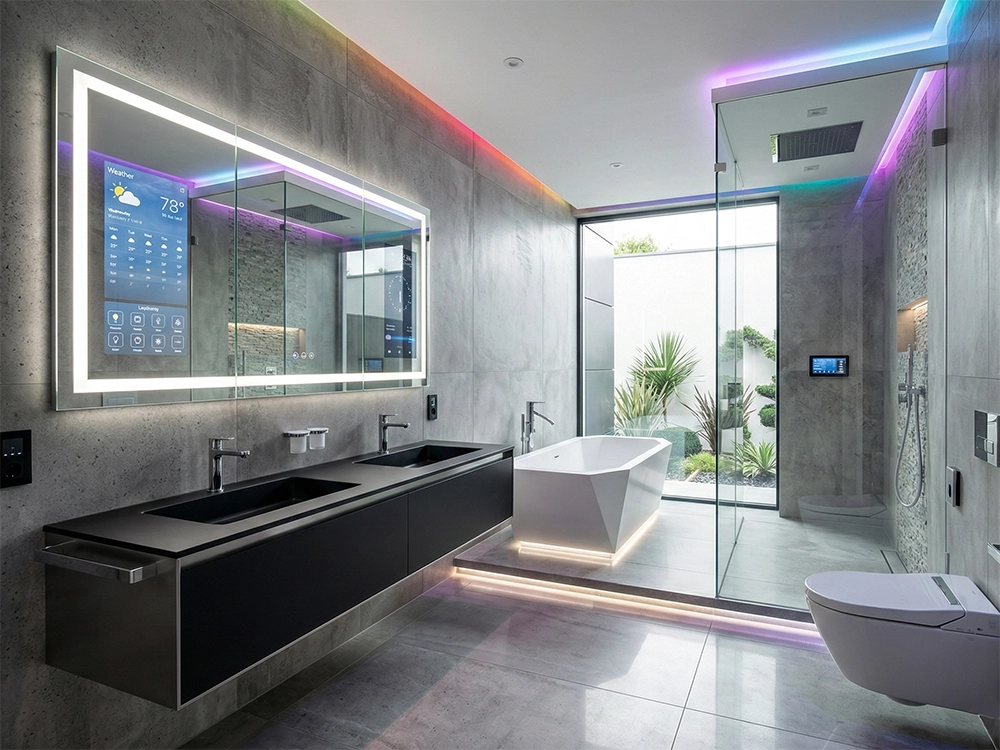 Серая бетонная ванная комната с интегрированным смарт-зеркалом, подвесной черной тумбой и стеклянной душевой.