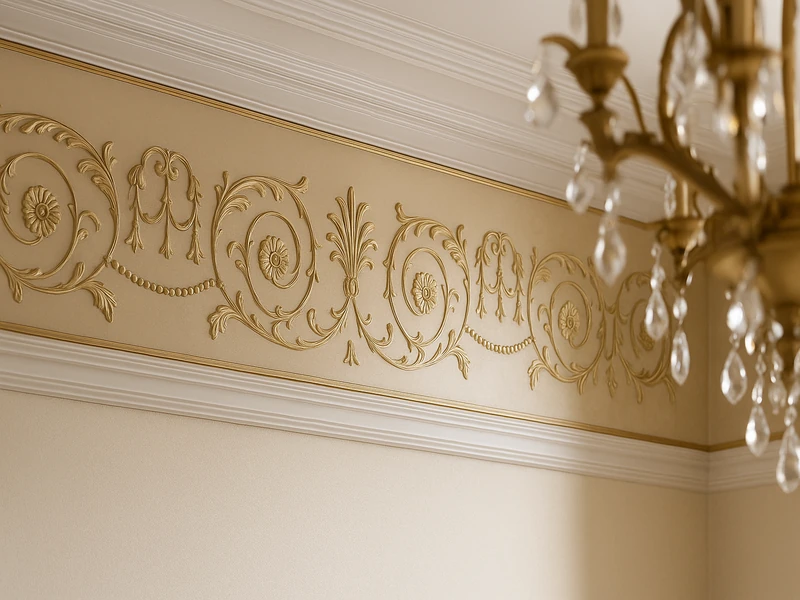 Бумажный бордюр с растительным орнаментом наклеенный на стену под потолком для декора интерьера