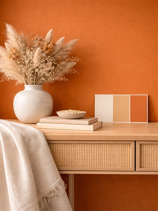 Кровать на фоне темных стен с бежевым покрывалом