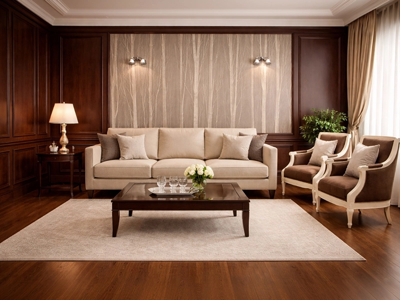 Светлые бежевые стены в коридоре с темными межкомнатными дверями и плиточным полом