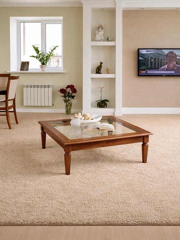 Журнальный стол прямоугольной формы из темного дерева со стеклянной вставкой в центре столешницы