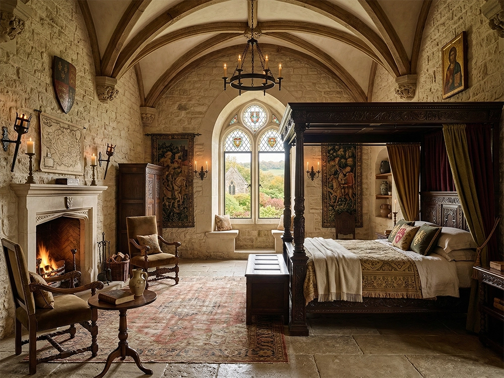 Спальня с каменными стенами, деревянной кроватью с балдахином, камином и окном