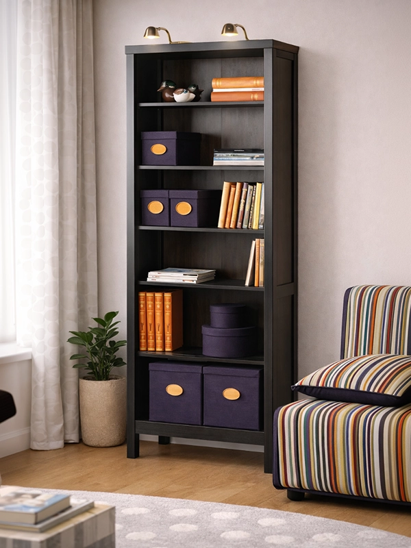 Узкий деревянный стеллаж с полками для хранения личных вещей школьника в интерьере современной детской