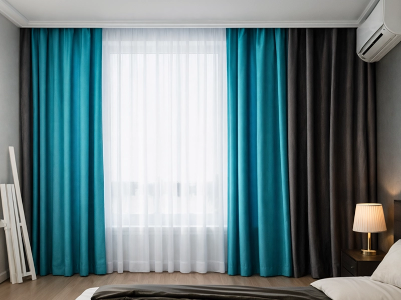 Плотные шторы темного оттенка в сочетании с яркими декоративными элементами в интерьере детской