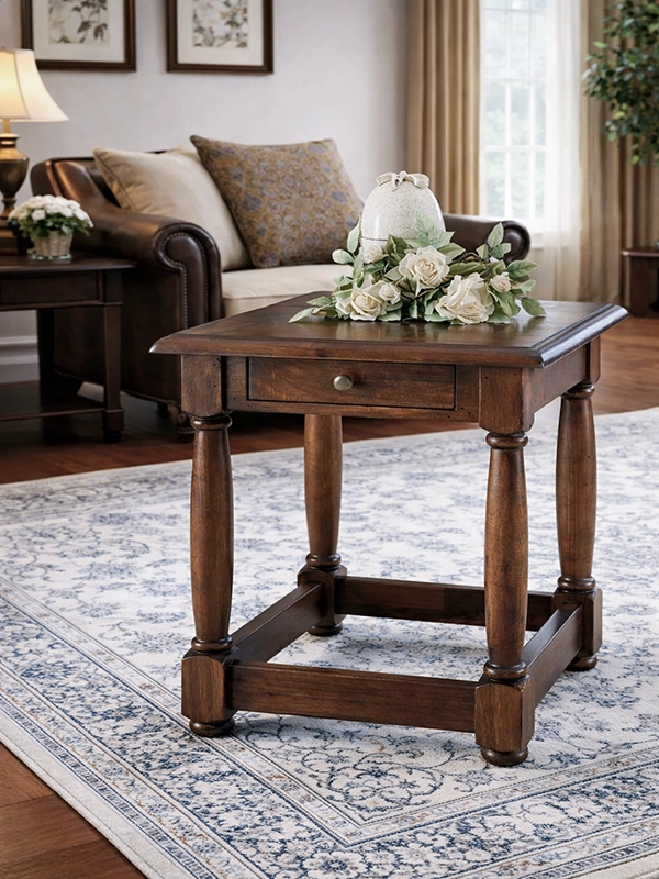 Настольная лампа с бежевым абажуром на столике