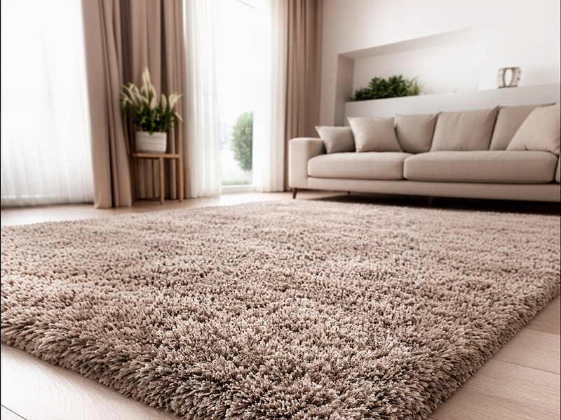 Журнальный столик со стеклянной столешницей и белым глянцевым основанием на темном ковре в гостиной