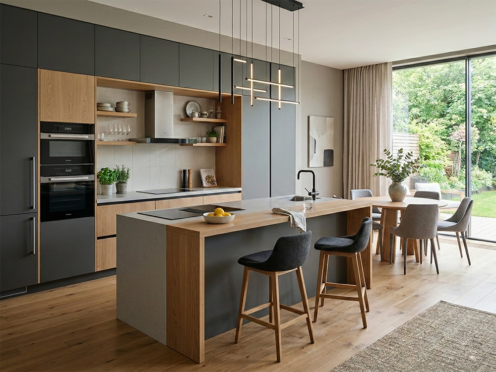 Деревянный кухонный остров, высокие серые барные стулья, встроенные темно-серые шкафы, обеденный стол.