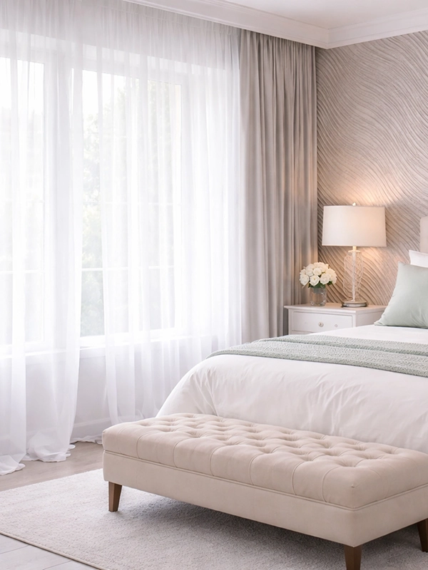 Вертикальный фрагмент шторы плотной текстуры для спальни