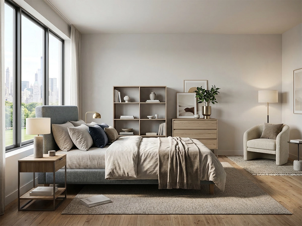 Светлая спальня оборудована двуспальной кроватью деревянным высоким стеллажом вместительным комодом и креслом