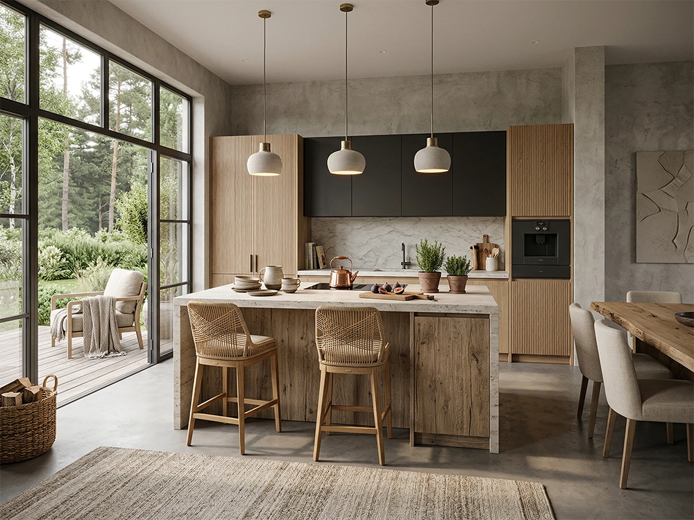 Интерьер кухни включает каменный центральный остров, деревянные рифленые шкафы, плетеные барные стулья.