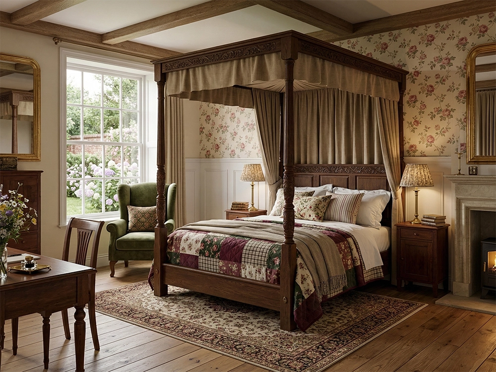 Деревянная кровать с балдахином, обои с цветочным узором, зеленое кресло, письменный стол, камин