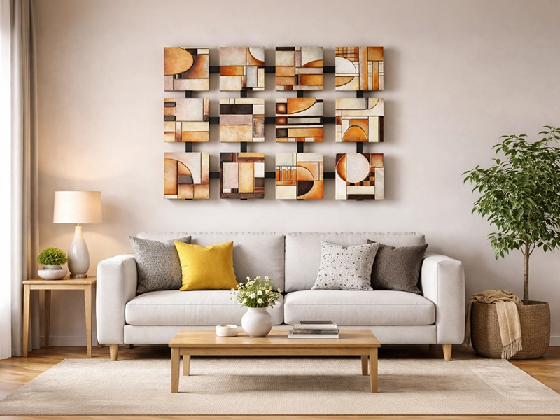 Современная гостиная с бежевым диваном, декорированным подушками, и картинами в рамах на стене над ним