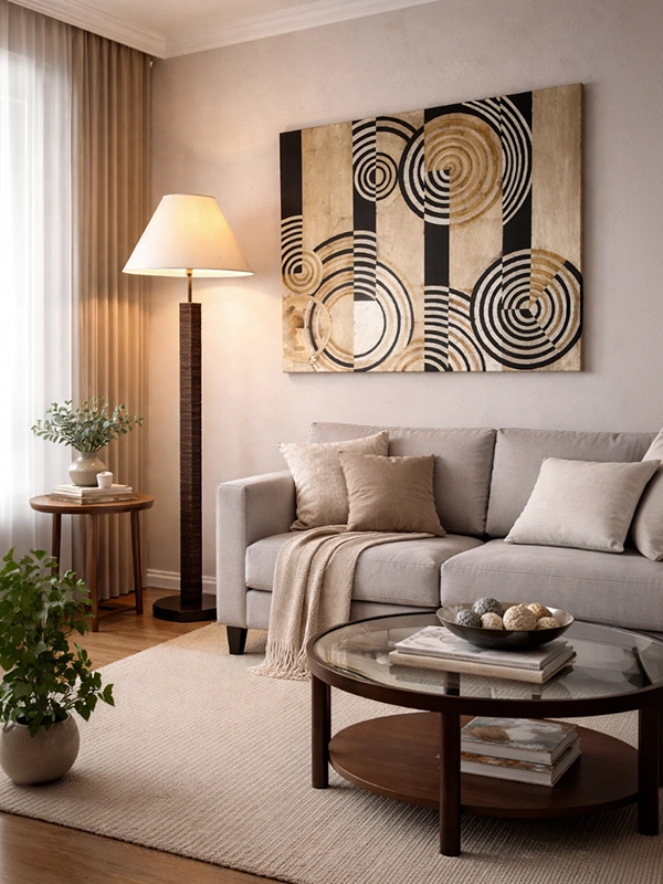 Интерьерная картина в коричнево-бежевых тонах в черной раме на светлой стене над зоной отдыха в квартире