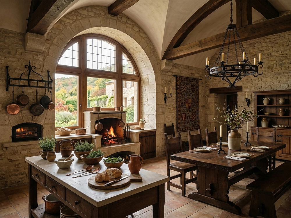 Кухня с каменными сводами, деревянным столом, арочным окном и камином