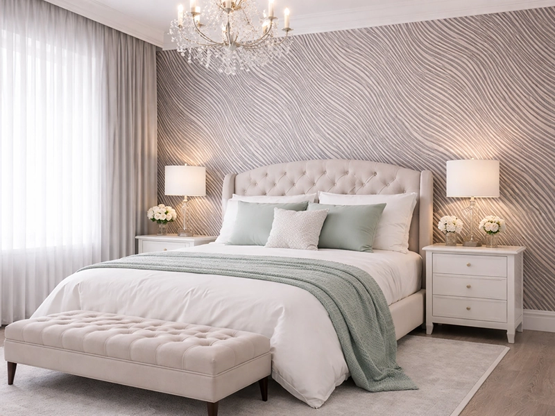 Горизонтальный образец декоративного покрытия для стен спальни