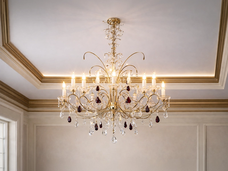 Широкий потолочный карниз темно-коричневого цвета под потолком в сочетании со светлой отделкой стен зала