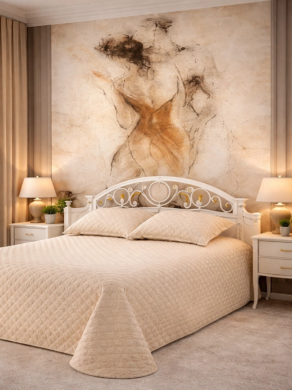 Спальня с однотонным покрывалом и декоративными подушками