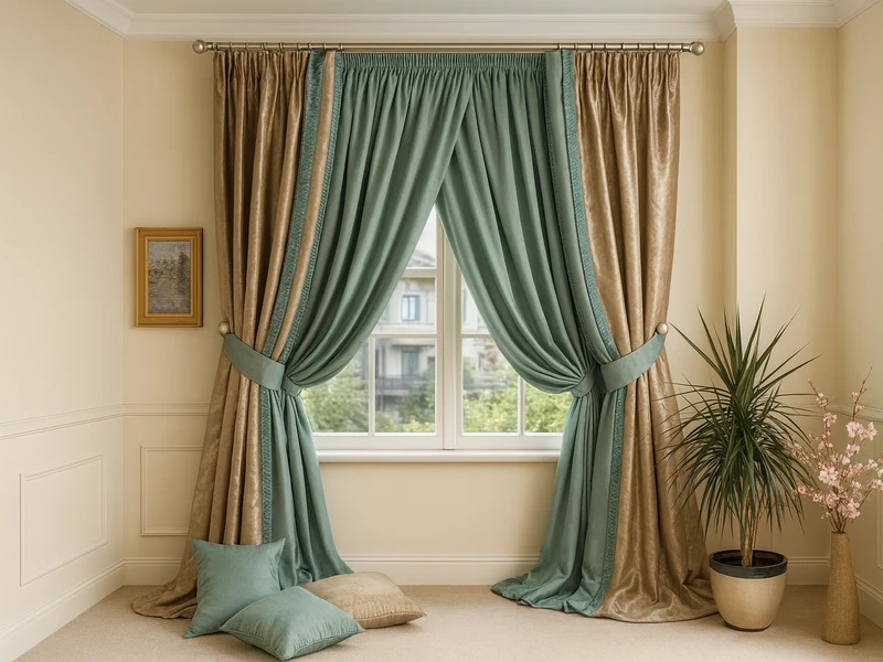 Светлые шторы на окне и изящная люстра в интерьере комнаты выполненной в пастельных тонах