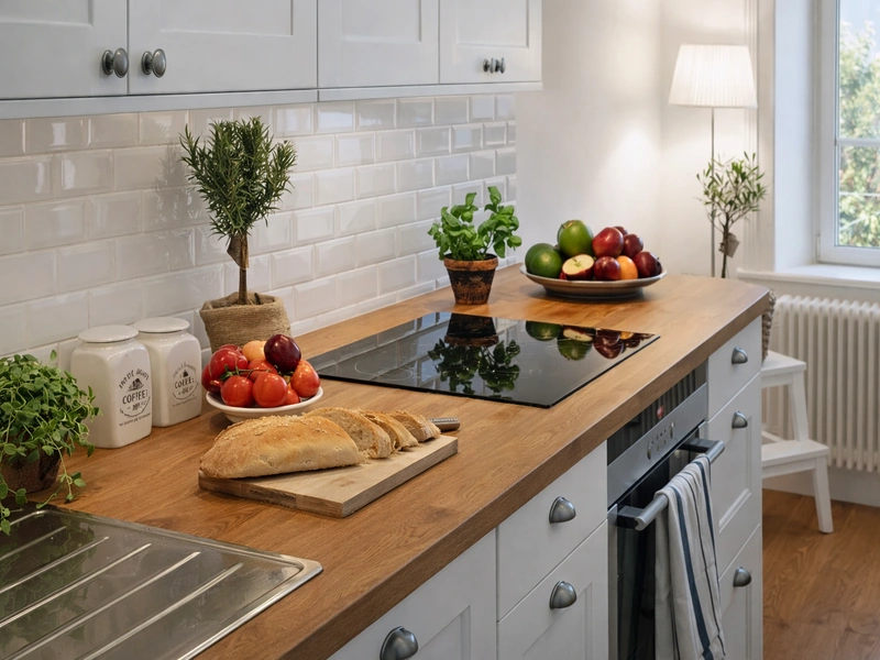 Белый кухонный гарнитур с деревянной столешницей