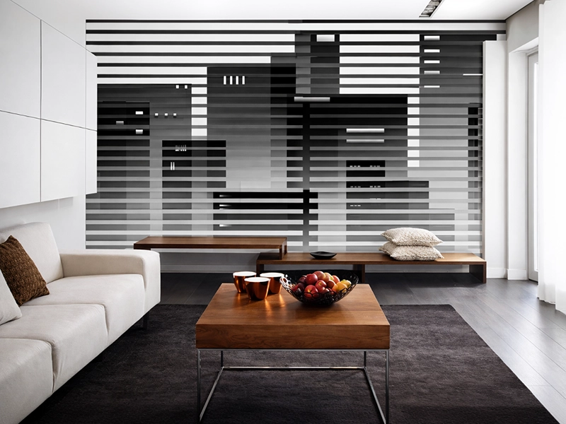 Фотообои на стене кухни с реалистичным изображением вида на городской пейзаж из окна.