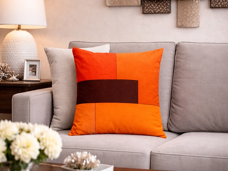 Композиция из разноцветных подушек на угловом диване