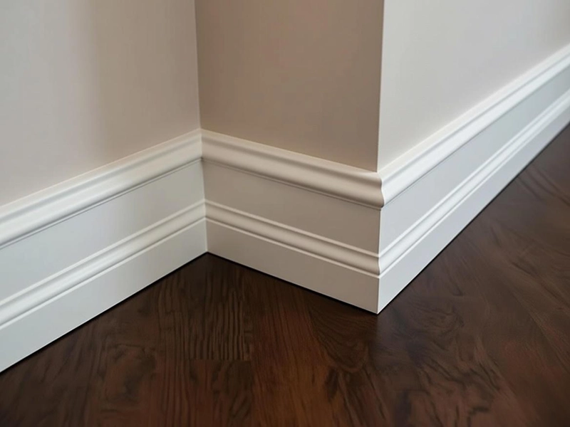 Белый потолочный плинтус с рельефным геометрическим узором по нижнему краю