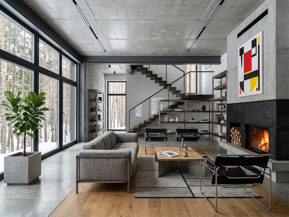 Серый диван, черные кресла, деревянный стол, бетонные стены, встроенный камин с дровами, панорамные окна.