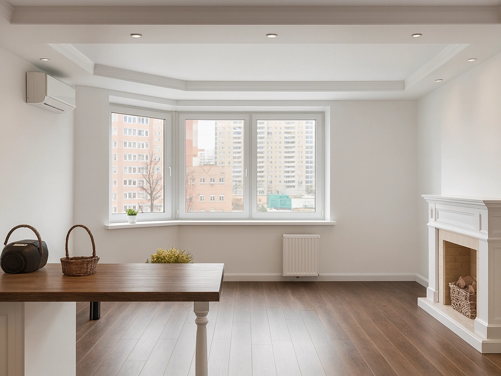 Светлая кухня с полуостровом, деревянный стол, стулья, картины в желтых рамах у стены и многоуровневый потолок