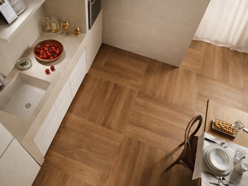 Укладка плитки елочкой в интерьере кухни