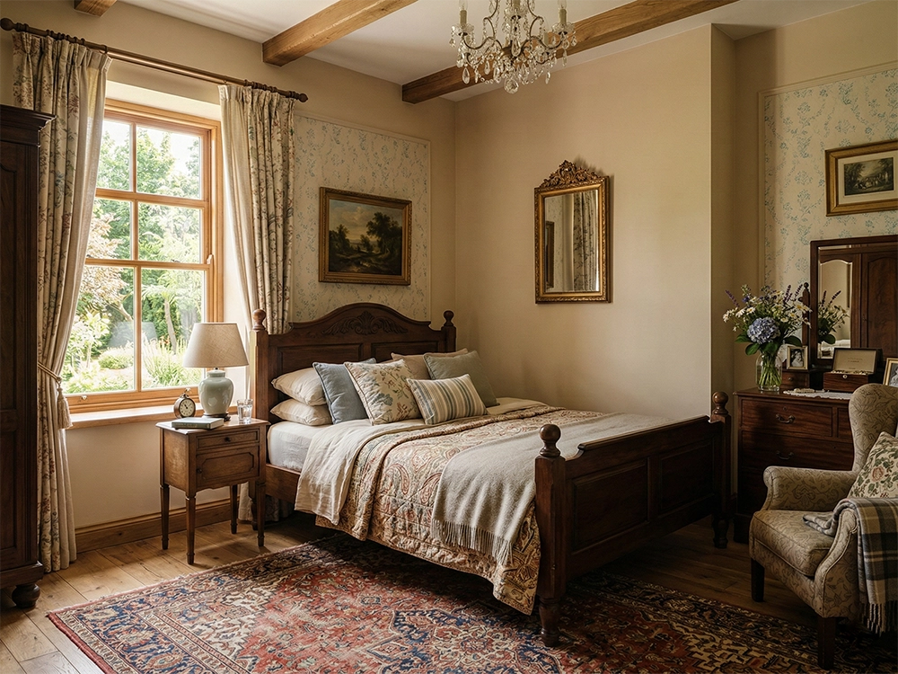 Белая мебель, камин, красные шторы и золотой декор в светлой спальне