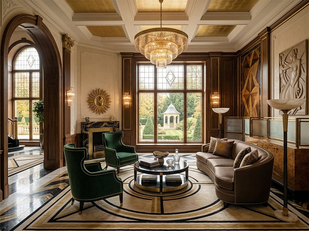 Просторная гостиная с панорамными окнами, коричневым диваном, зелеными креслами и люстрой.