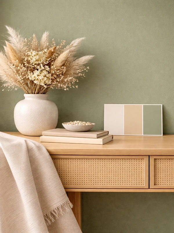 Спальная зона с обоями и светлым покрывалом