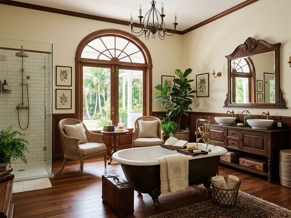 Отдельностоящая ванна на ножках, деревянная тумба с двумя раковинами, душевая кабина и два кресла.