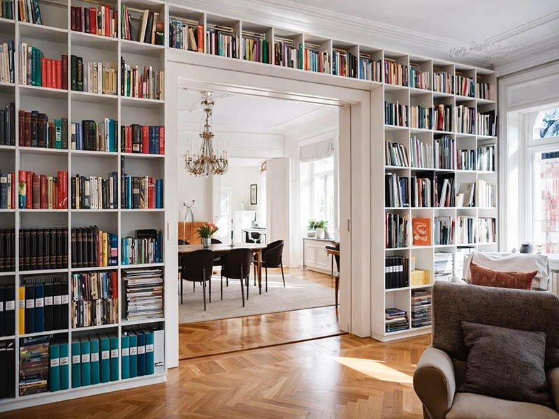 Библиотечный шкаф во всю высоту стены гостиной