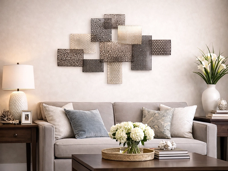 Картины в строгих рамах на стене с полосатыми обоями