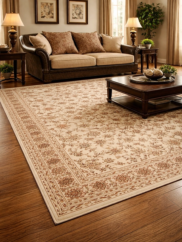 Светлый ковер с классическим орнаментом на полу