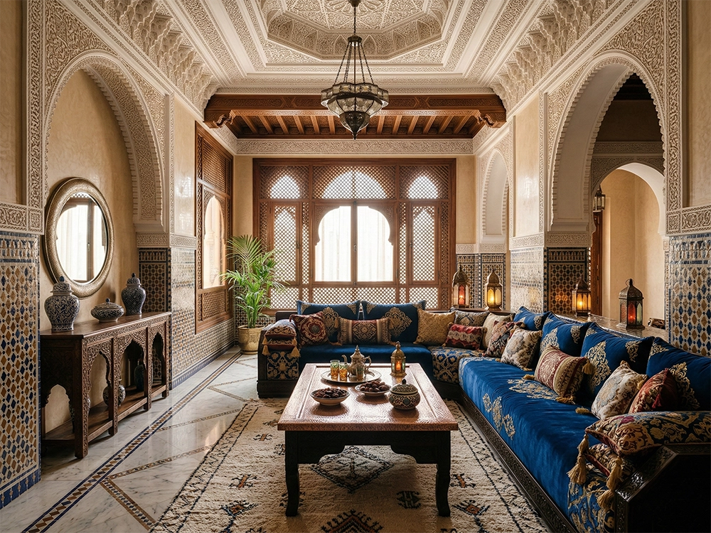 Гостиная с большим синим угловым диваном, медным столом и резным потолком