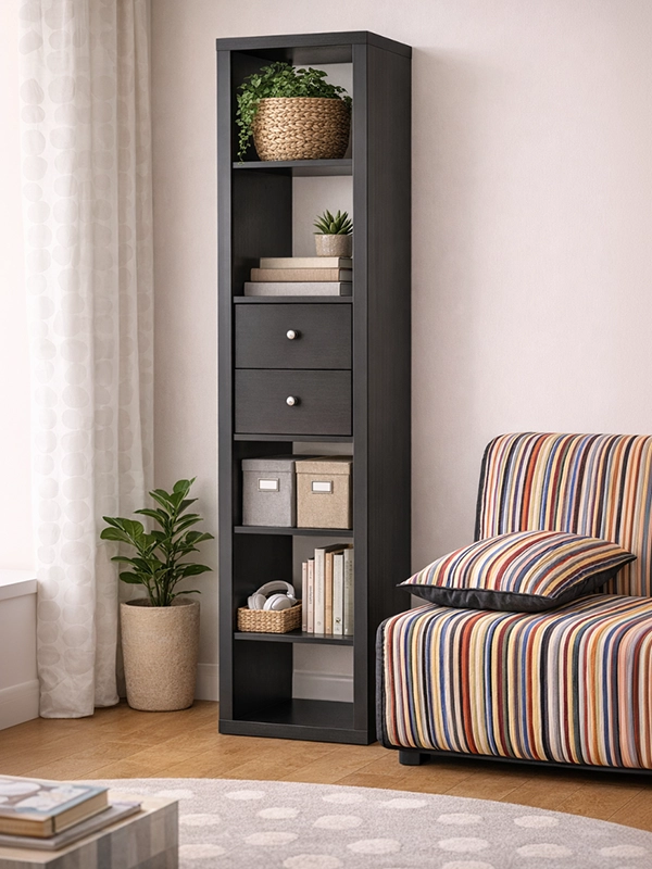 Высокий открытый стеллаж для книг и учебников в рабочей зоне комнаты подростка для зонирования места