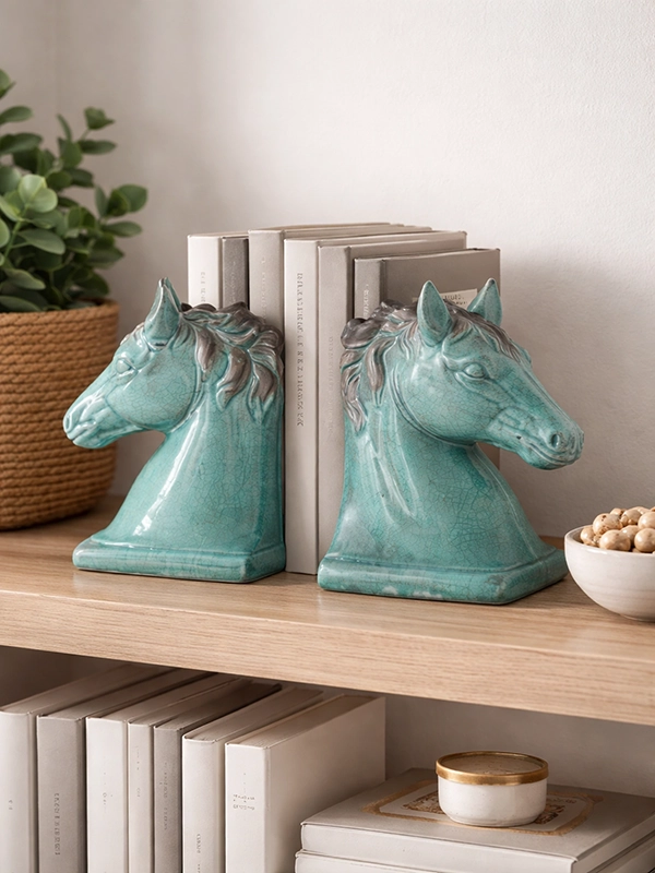 Декор бирюзового цвета на полках мебельной стенки горки