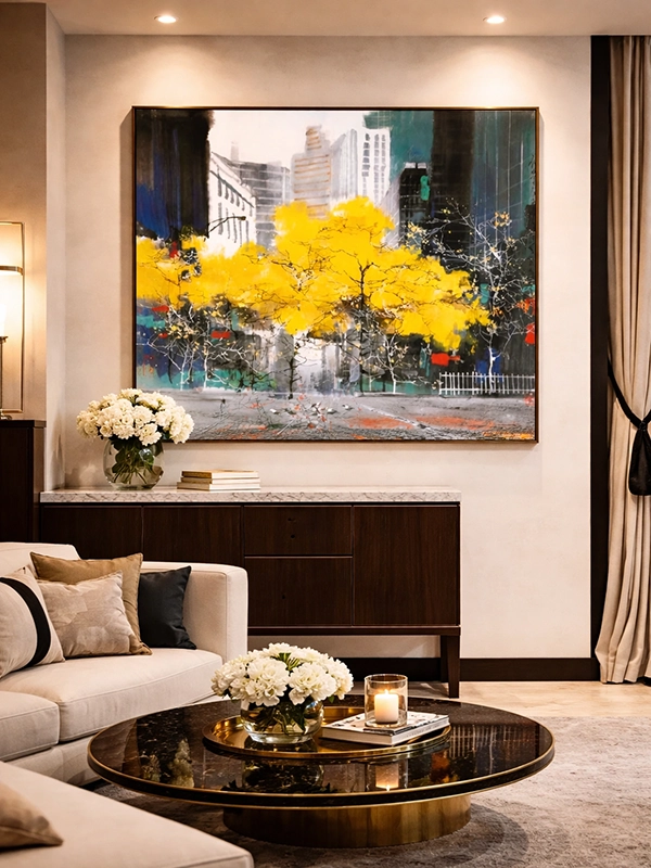 Декоративные подушки желтого цвета на бежевом диване