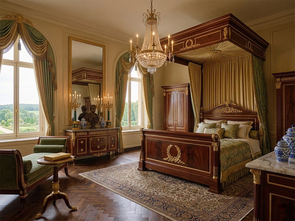 Спальня с кроватью с балдахином, зеленой кушеткой, хрустальной люстрой и зеркалом.