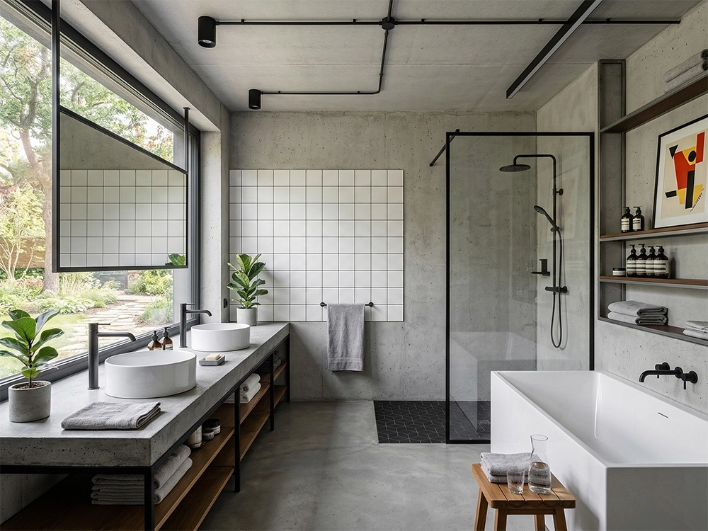 Бетонная столешница с раковинами, стеклянная душевая, белая ванна, черная сантехника, панорамное окно.