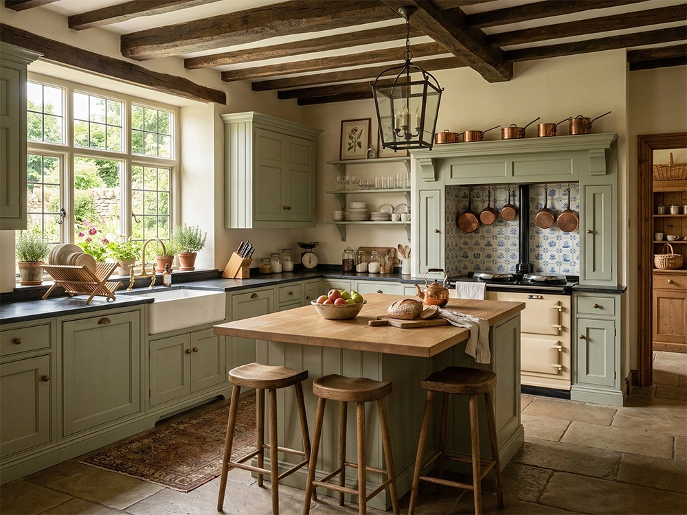 Кухня с зелеными фасадами, деревянным островом, барными стульями, медной посудой и каменным полом